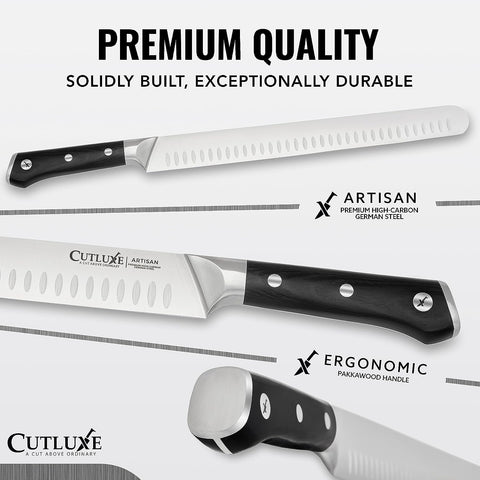 Image of Cutluxe Slicing Carving Knife – 12" Brisket Knife, Meat Cutting and BBQ Knife – Razor Sharp German Steel – Full Tang & Ergonomic Handle Design – Artisan Series