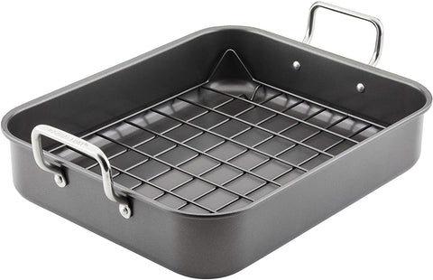 Image of Rachael Ray Bakeware Nonstick Roaster/Roasting Pan with Reversible Rack, 16.5 Inch X 13.5 Inch, Gray
