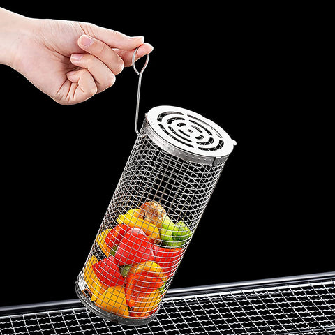 Image of 2 Pcs BBQ Rolling Grilling Basket for Outdoor Grill,Cylindrical Stainless Steel Grill Net for for Vegetables and Meat,Bbq Accessories Included（M-7.87X3.54X3.54 Inch）