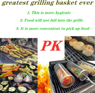 Ruggedized Rolling Grilling Basket-Round Stainless Steel BBQ Grill Mesh-Outdoor Portable Grill Baskets-Cylindrical Grilling Baskets Cylinders Cylinders-Net Tube Barbecue Cage Picnic Grate Dragon（2Pcs)