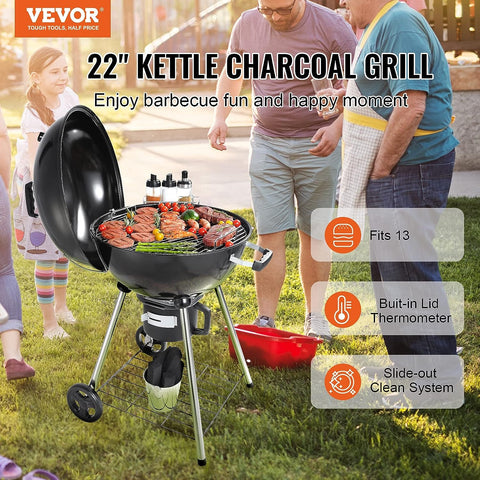 Image of VEVOR 22 Inch Kettle Charcoal Grill, Premium Kettle Grill with Wheels, Porcelain-Enameled Lid and Bowl with Slide Out Ash Catcher Thermometer for BBQ, Barbecue Camping, Picnic, Patio and Backyard