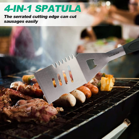 Image of HAUSHOF Large Grill Accessories Heavy Duty BBQ Set Gifts for Men/Women - Premium Stainless Steel Spatula, Fork & Tongs (16.5/16/16.5 In.), Barbecue Utensils Tool Kit Gift for Grilling Lover Outdoor