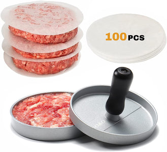 OVOS Burger Press Hamburger Patty Maker Non-Stick Aluminum with 100 Free Patty Papers BPA Free