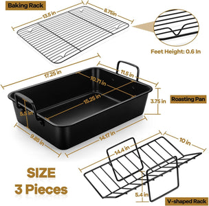 Large Roasting Pan with Rack Set of 3, P&P CHEF 15¼" Turkey Roaster Pan & V-Shape Baking Rack & Cooling Rack for Chicken Rib Lasagna Cookie, Nonstick Coating & Stainless Steel Core, Sturdy & Healthy