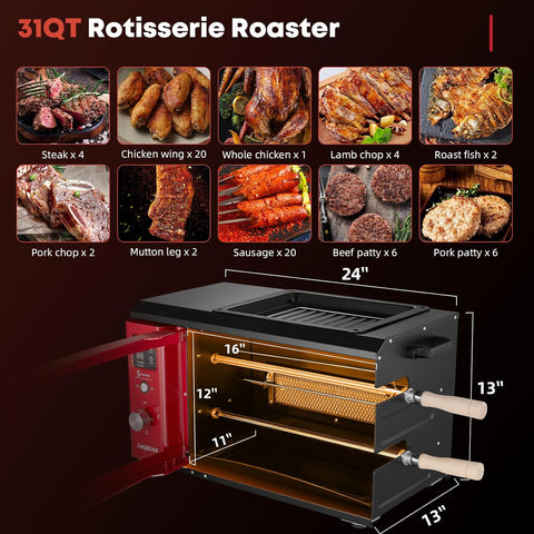 Image of Amjdcoe Portable Propane Grill Roaster, Smoke-Free Grill Roaster with 2 Auto Rotating Skewers for Brazilian BBQ, Rotisserie Chicken, Steak, Fish, Modern Propane Grill for Party, Apartment, Courtyard