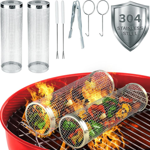 Image of Mckay Rolling BBQ Grilling Basket Set | Portable, Durable Stainless Steel, Perfect for Barbecue & Outdoor Cooking- Rotating Grill Accessories Mesh Net Tube Cylinder for Delicious Meals, Veggies, 2 Pcs