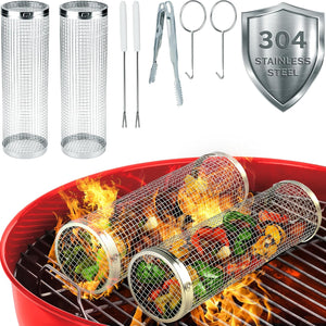 Mckay Rolling BBQ Grilling Basket Set | Portable, Durable Stainless Steel, Perfect for Barbecue & Outdoor Cooking- Rotating Grill Accessories Mesh Net Tube Cylinder for Delicious Meals, Veggies, 2 Pcs