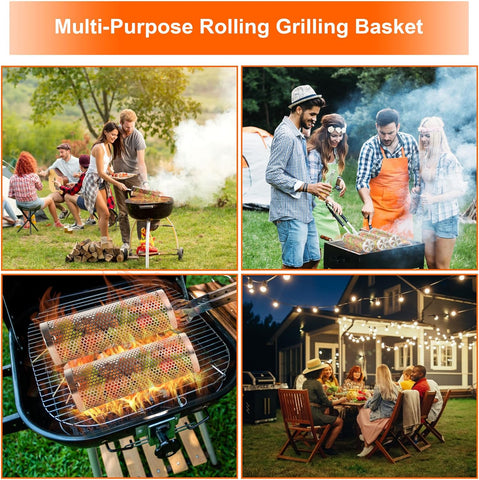 Image of Reclite Rolling Grilling Baskets for Outdoor Grilling BBQ Grill Basket Stainless Steel, Grill Basket for Veggies Fish, Shrimp, Meat, Fries Food Camping, Gift for Men(Small+Large)