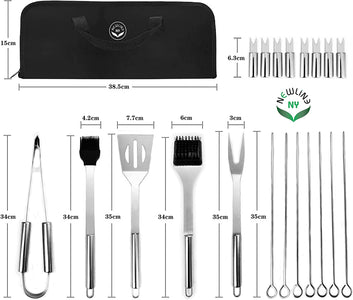 Stainless Steel BBQ Grill Tool Kit 20 PCS + Carrying Bag Set : Tong, Basting Brush, Spatula, Cleaning Brush, Meat Fork, 7 Skewers, 8 Corn Holders for Picnic Camping Cooking Grilling