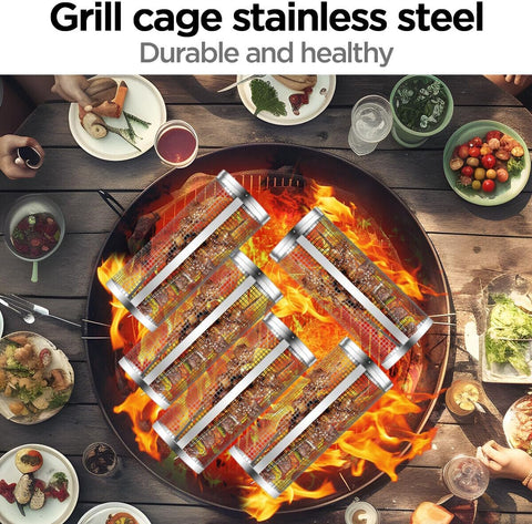 Image of Grill Basket round Stainless Steel, Greatest Grilling Basket Ever, BBQ Basket Bbq Net Multi-Person BBQ, Camping Barbecue Rack for Vegetables, French Fries, Fish (7.87X3.54X3.54 Inch)