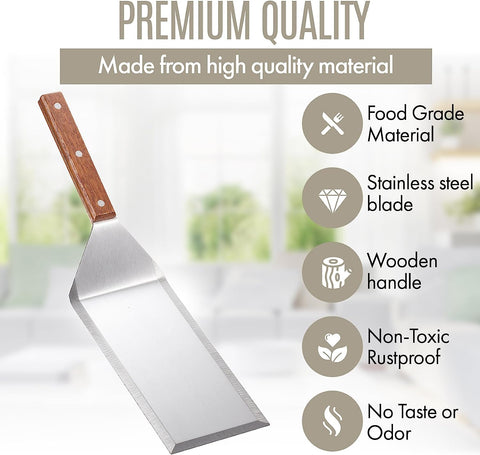 Image of LUSHIG Stainless Steel Spatula with Wooden Handle, 8 Inch Metal Spatula for Cast Iron Skillet, Pancake Flipper Spatula with Beveled Edges, Food Flipper for Grilling, Cooking Scraper BBQ Grill Flat Top