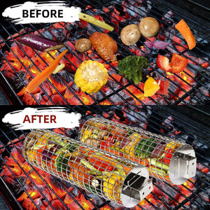 CEBERVICE Rolling Grilling Baskets, SUS304 Stainless Steel, REMOVABLE WOODEN HANDLE, Portable BBQ Outdoor Camping round Cylinder Grilling Rack for Fish, Vegetables, Shrimp, Barbeque Griller Cooking Accessories Gifts for Men, Dad, Father, Husband