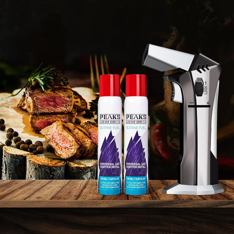 Image of Butane Torch - Refillable Torch Lighter, Kitchen Torch for Baking, Cooking Food, Creme Brulee, BBQ, Blow Torch with Safety Lock and Adjustable Flame, 2 Cans Butane Included.