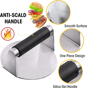 PMYEK Burger Press with Anti-Scald Handle, 5.5 Inch Stainless Steel Burger Smasher, round Non-Stick Hamburger Press for Griddle, Griddle Accessories Kit for Flat Grill Cooking