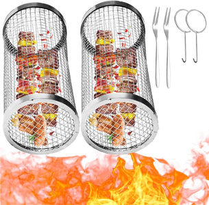 Rolling Grilling Baskets for Outdoor round BBQ Stainless Steel Grill Basket Campfire Grid Rotation Barbecue Cylinder Cage Cooking Accessories Veggies Vegetable Fish Meat Food Campingcamping Picnic Cookware