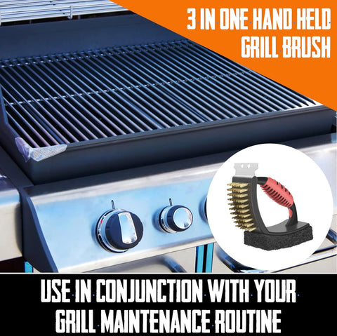 Image of Premium Grill Brush, Scraper & Scrubber Tool 3 in 1 Safe BBQ Brush for Grill – Stainless Grate Cleaner - Grill Accessories for Porcelain/Weber Gas/Charcoal & Gas Grill (Black & Red Hand Brush)
