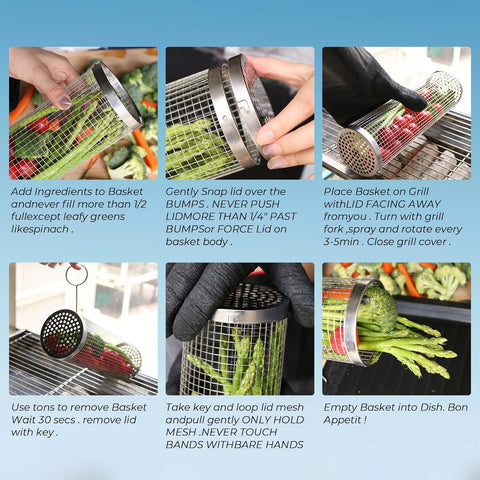 Image of Grill Basket, Rolling Grilling Basket, Stainless Steel Grill Mesh Barbeque Grill Accessories, Portable Grill Baskets for Outdoor Grill Veggies Vegetable Fish Meat Food Camping, Gift for Men