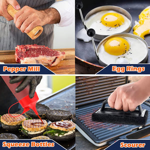 Griddle Accessories Set of 18, Stainless Steel Flat Top Grilling Accessory Outdoor Camping BBQ Cooking Tools, with Grill Spatulas, Scraper, Melting Dome, Burger Turner, Portable Carrying Bag