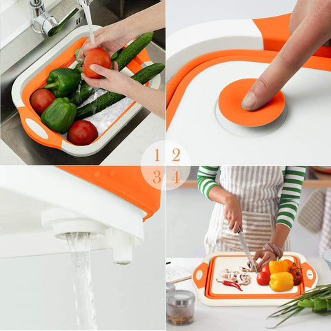 Image of Rottogoon Collapsible Cutting Board, Foldable Chopping Board with Colander, Multifunctional Kitchen Vegetable Washing Basket Silicone Dish Tub for BBQ Prep/Picnic/Camping(Orange)
