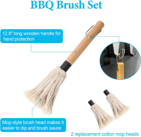 Image of Outspark Cast Iron Pot and BBQ Mop Brush for Sauce,Basting Pot and Grill Mop Brushes,Universal Cookware/Grilling Accessories,24 Oz Saucepan,2 Replacement Cotton Mop Heads