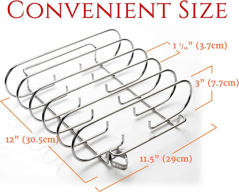 Image of Rib Rack Stainless Steel – 6-Rib Capacity! Integrated Temperature Probe Holder - Never Risk Burnt Ribs Again! 100% Food-Safe, Non-Magnetic Stainless Steel – Easy Clean-Up and Coating-Free!