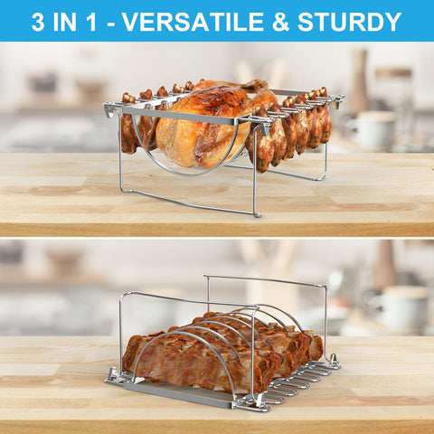 Image of TAILGRILLER 3 in 1 Rib Racks & Chicken Leg Rack for Grill & Smoke, Foldable Roasting Rack, Roast up to 6 Large Ribs, 12 Chicken Leg, 1 Whole Chicken