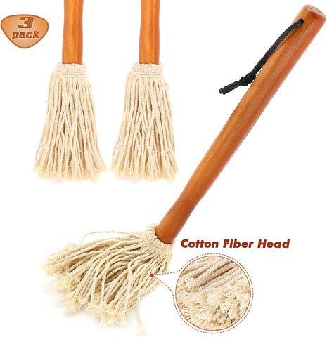 Image of 16" BBQ Sauce Basting Mops & Brushes for Roasting or Grilling, Apply Barbeque, Marinade or Glazing, Cotton Fiber Head and Hardwood Handle, Dish Mop Style, Perfect for Cooking or Cleaning - Pack of 3