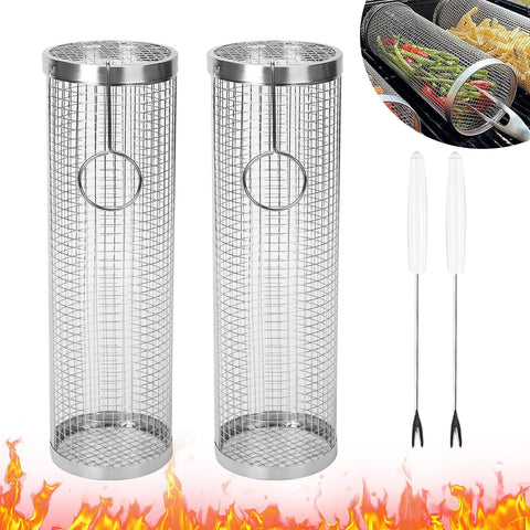 Image of Brinman Grill Basket 2Pcs,Grill Baskets for Outdoor Grill,Rolling Grilling Basket,Stainless Steel Grill Accessories,Bbq Grill Basket for Vegetable,Shrimp,Fries,Fish,Meat .Gift for Dad,Husband.