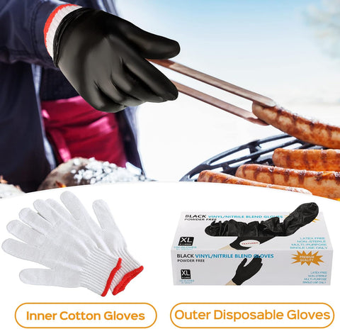Image of 100 Pcs Grilling Gloves Kit Disposable BBQ Gloves with 2 Pairs Cotton Liners Grilling Gloves Cooking Gloves Latex Free Nitrile Gloves for Outdoor Grilling Barbecue Cooking