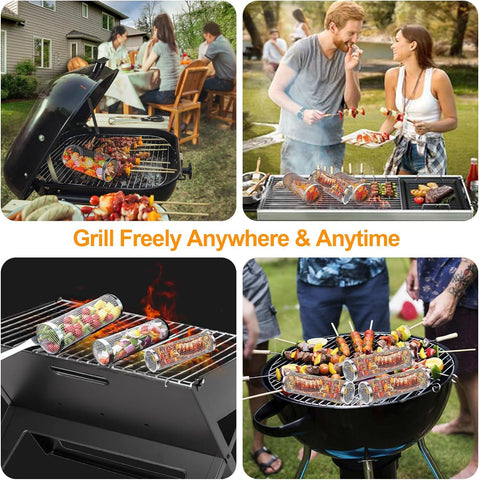 Image of Rolling Grilling Basket for Outdoor Grilling, round Bbq Grill Basket, Stainless Steel Outdoor Grill Basket for Vegetables, Fish, Shrimp, Meat, French Fries (2 Pack(L+M))