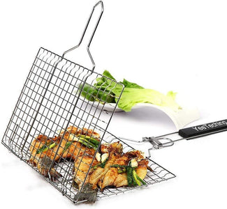 Yeeteching Grill Basket, Non Stick Portable 430 Grade Stainless Steel with Removable Wooden Handle for Fish, Steak, Meat, Vegetables, Grill Basket for Outdoor Bbqs, Kitchen & Camping