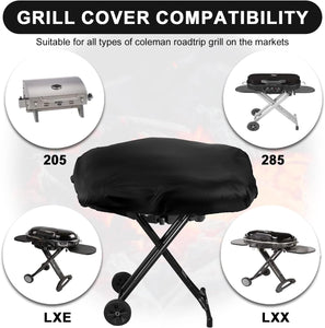 BBQ Grill Cover, Black BBQ Cover Portable Grill Cover Waterproof BBQ Grill Cover Compatible with Coleman Roadtrip LXX, LXE and 285, Adjustable Grill Cover