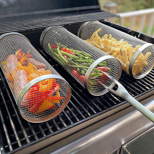 BBQ Grill Basket,Rolling Grilling Basket, Stainless Steel Grill Mesh Barbeque Grill Accessories, Portable Grill Baskets for Outdoor Grill for Fish, Shrimp, Meat, Vegetables 2Pcs Large