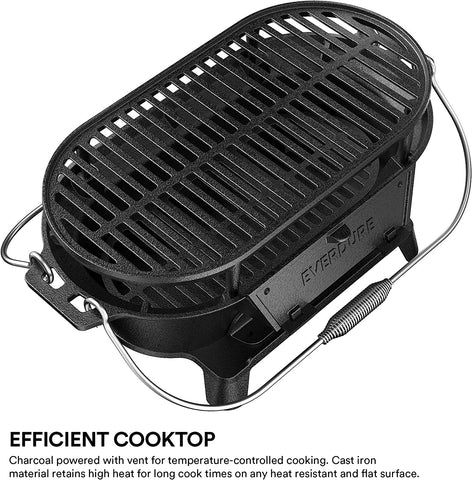Image of Everdure Oval Cast Iron Grill & Cover – Outdoor, Portable Charcoal Grill and Tabletop Cast Iron Skillet - 100% Cast Iron, Enameled, Durable, Small Charcoal Grill, Camping Stove, Hibachi Grill
