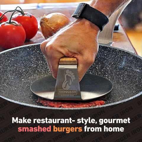 Image of The Sasquash Indestructible Burger Smasher - Professional Grade Wide Flat Handle Smashed Burger Press - Heavy Duty One-Piece Welded Stainless Steel BBQ Griddle and Grill Tool