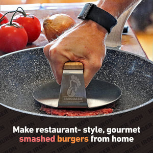 The Sasquash Indestructible Burger Smasher - Professional Grade Wide Flat Handle Smashed Burger Press - Heavy Duty One-Piece Welded Stainless Steel BBQ Griddle and Grill Tool