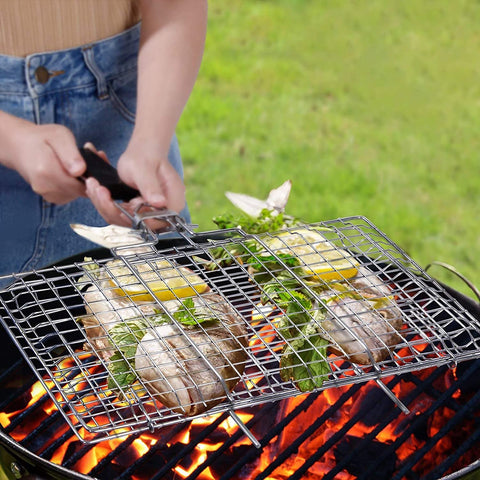 Image of Vastector Grilling Basket, Folding Portable Outdoor Camping Stainless Steel BBQ Rack with Removable Handle for Shrimp, Steaks, Burgers, Hot Dogs, Barbeque Griller Cooking Tool
