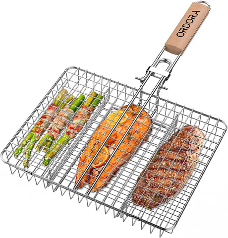 Image of Grill Basket, Fish Grill Basket, Rustproof Stainless Steel BBQ Grilling Basket for Meat,Steak, Shrimp, Vegetables, Chops, Heavy Duty Grill Basket Outdoor Grill Accessories