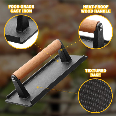 Image of AIKWI 2PCS Burger Press with Wood Handle, 6.8" round Bacon Press for Griddle, 8.2" X 4.2" Rectangular Heavy Duty Cast Iron Smash Patty Steak Sandwich Press for Flat Top Grill Indoor Outdoor