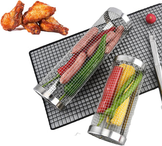 Rolling Grilling Basket,Rolling Grilling Baskets for Outdoor Grilling,Stainless Steel Grill Mesh Barbeque Grill Accessories,Grill Baskets for Outdoor Grill,Bbq Grill Basket for Veggies 11.8In
