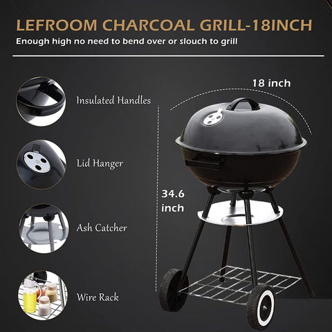 Image of BBQ Kettle Charcoal Grill Outdoor Portable Grill Backyard Cooking Stainless Steel for Standing & Grilling Steaks, Burgers, Backyard Pitmaster & Tailgating (18" Black)