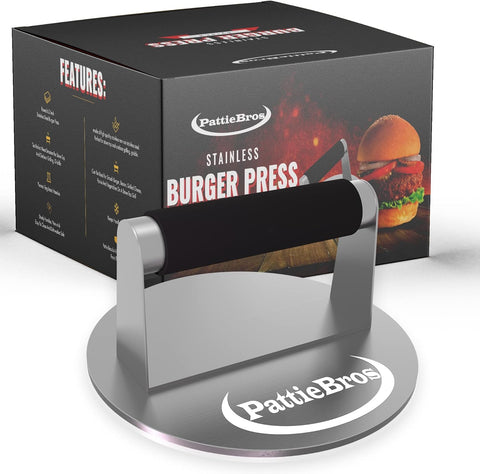 Image of Pattiebros Stainless Steel Burger Press 6.2In | Hamburger Press with Rubber Handle | Smash Burger Press for Griddle | Burger Smasher Grill Press | Meat Press | Griddle Accessories Kit | Grill Press