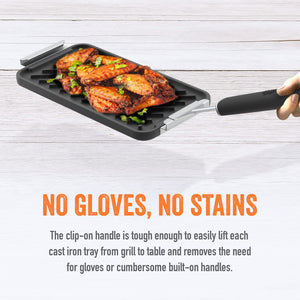 ™ SEAR 'N SERVE Cast Iron Grill Pan Set Includes 3 Cast Iron Grilling Baskets & Clip-On Handle - Cast Iron Grill Pans for Stove Tops or Outdoor Grills