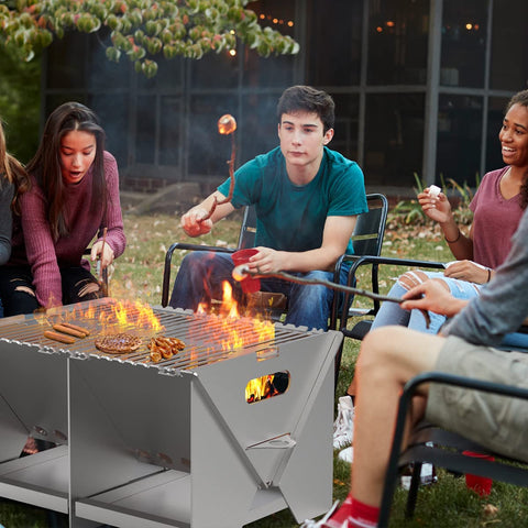 Image of Ajinteby Portable Fire Pits for Wood Burning, Campfire Grill Firepit and Detachable Grill for Picnic, Backyard and Garden BBQ, Heavy Duty Stainless Steel Outdoor Heating, Bonfire and Picnic White