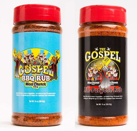 Image of Meat Church BBQ Rub Combo: Holy Gospel (14 Oz) and the Gospel (14 Oz) BBQ Rub and Seasoning for Meat and Vegetables, Gluten Free, One Bottle of Each