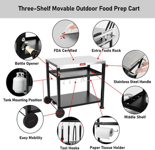 3-Shelf Movable Food Prep and Pizza Oven Table, BBQ Grilling Table, Home & Outdoor Multifunctional Stainless Steel Table Top Worktable on 2 Wheels, L39.5 X W25.6 X H33