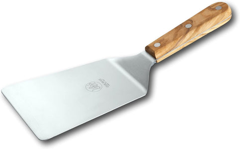 DUE BUOI Wide Spatula Olive Wood Handled and Stainless Steel Rivets - Blade 4" X 6.1/3" - Good for Burger Kitchen Bbq Grill Griddle Pastry. Non-Stick Durable. ICQ Approved.