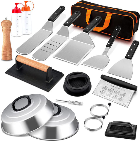 Image of 18Pcs Griddle Accessories Set,  Stainless Steel Flat Top Grill Spatula Kit for Outdoor Barbecue Teppanyaki Camping Cooking, Included Melting Dome, Burger Turner, Carrying Bag and More Tools