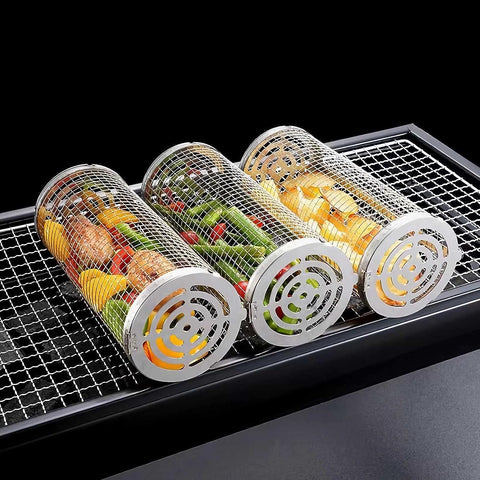 Image of Rolling Grilling Basket Camping Barbecue Rack,Outdoor Picnics BBQ Grill Stainless Steel Mesh Versatile Cylinder Grill Cooking Accessories for Vegetables,Fries,Meat,Fish BBQ Net Tube 2Sets 1Large+1Medium