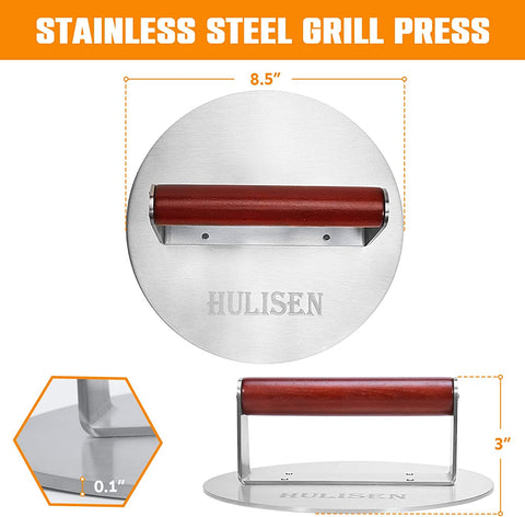 Image of HULISEN Stainless Steel Bacon Press, 8.5-Inch round Heavy-Duty Grill Press with Wood Handle, Non Stick Large Burger Press, Griddle BBQ Accessories for Steak Weight, Panini Sandwich